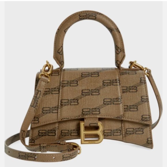 BALENCIAGA EXTRA SMALL HOURGLASS LICENSE LOGO CANVAS TOP HANDLE BAG in BEIGE - Picture 1 of 13